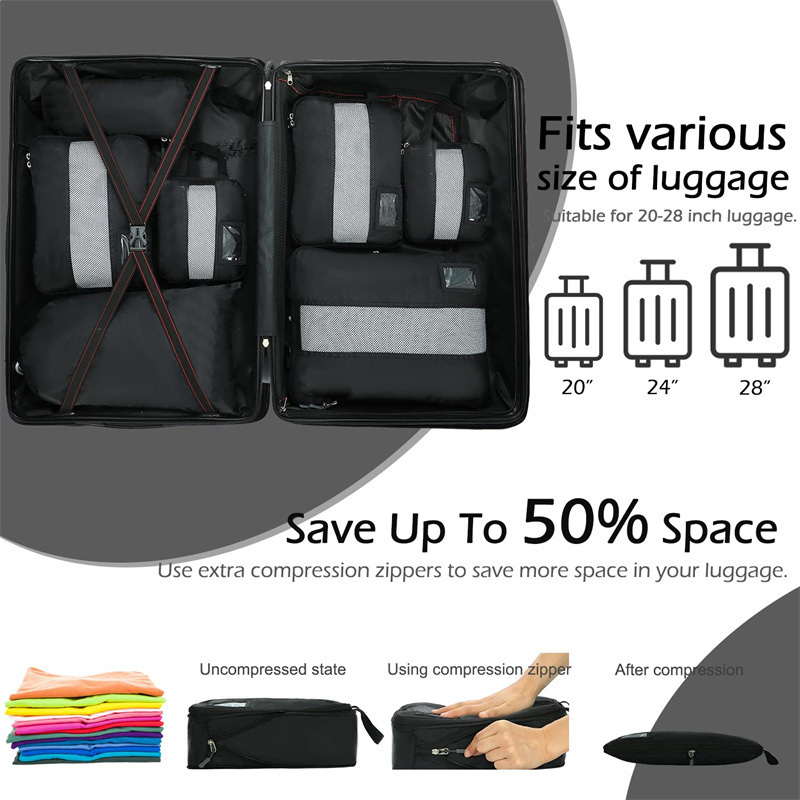 Foldable Travel Bag Set Luggage Organizer Carry On Luggage Suitcase Organizer Bags 6 Set Compression Packing Cubes with Tag