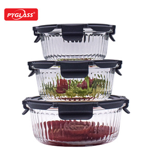 Morden Style Lock Lid  Ribbed Glass Food Container for Microwave Oven Bowl Set Glass Kitchenware