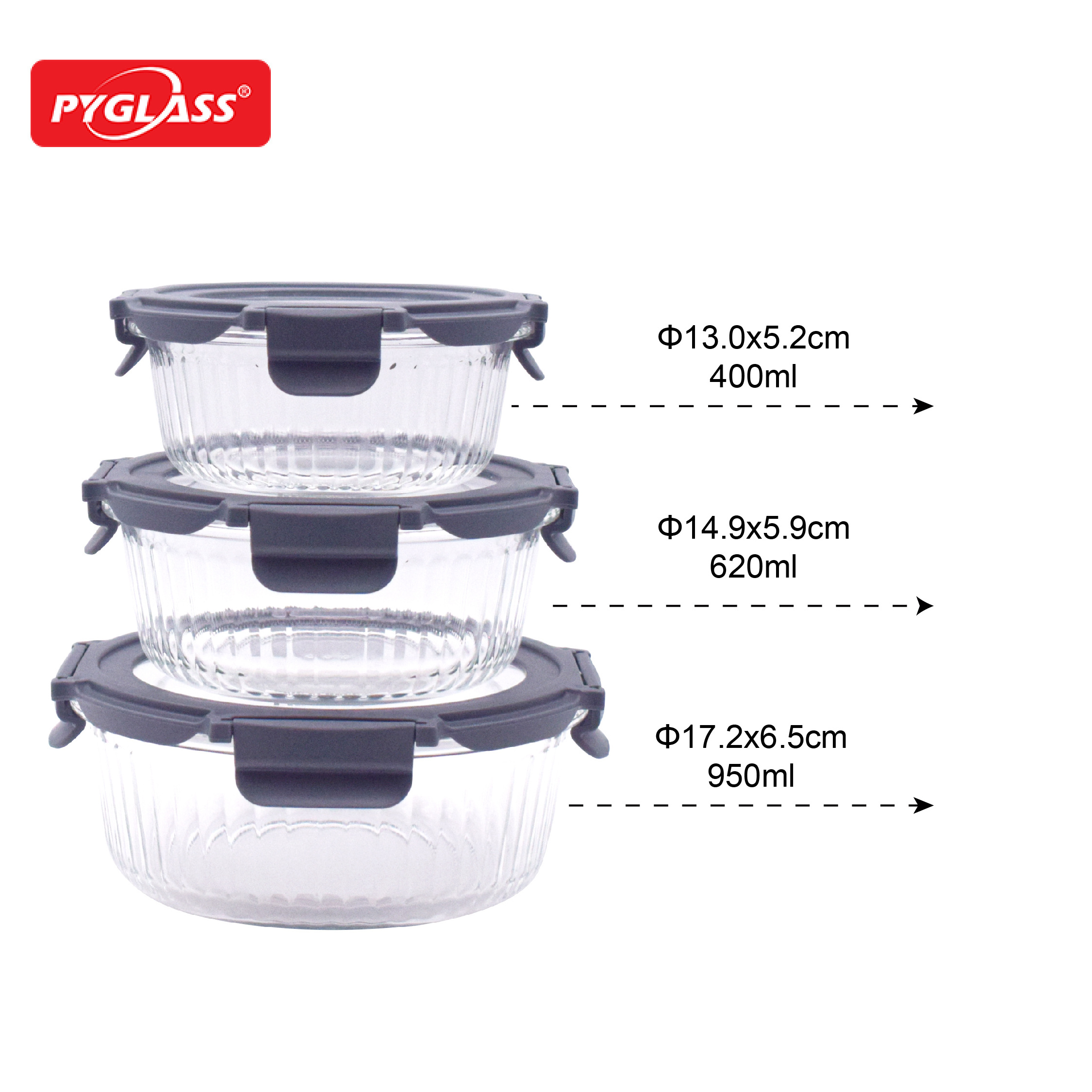 Morden Style Lock Lid  Ribbed Glass Food Container for Microwave Oven Bowl Set Glass Kitchenware