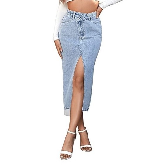 Women's Asymmetrical High Waist Split Blue Sexy Midi Elegant and Beautiful Denim Skirt with Pockets