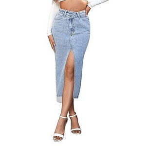 Women's Asymmetrical High Waist Split Blue Sexy Midi Elegant and Beautiful Denim Skirt with Pockets