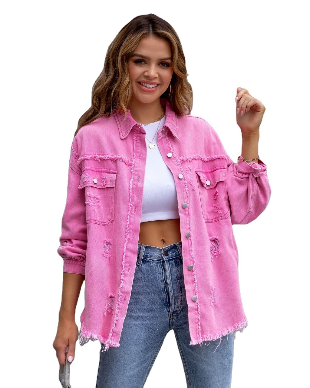 Standard Good Price Women Jean Jackets and Coats Medium Length Jean Denim Jacket Women Oversized Tassel Ripped Fall Clothing