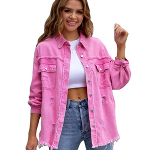 Standard Good Price Women Jean Jackets and Coats Medium Length Jean Denim Jacket Women Oversized Tassel Ripped Fall Clothing