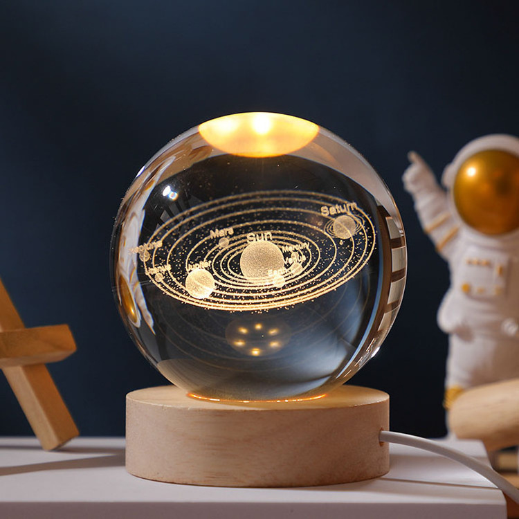 Wholesale Gifts Wooden Led Light Wooden Base Stand Galaxy 3d Solar System Custom Crystal Ball