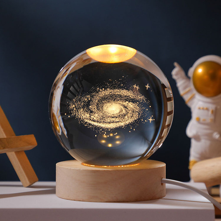 Wholesale Gifts Wooden Led Light Base Stand Engraving Galaxy Custom 3d Solar System Crystal Ball