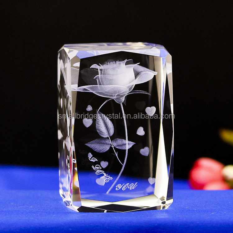 Glass Rose Laser Engraved 3d Cube Wholesale K9 Crystal Wedding Love Europe Folk Art Transparent Wedding Decoration & Gift Carved