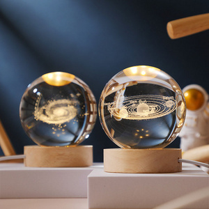 Wholesale Gifts Wooden Led Light Base Stand Engraving Galaxy Custom 3d Solar System Crystal Ball