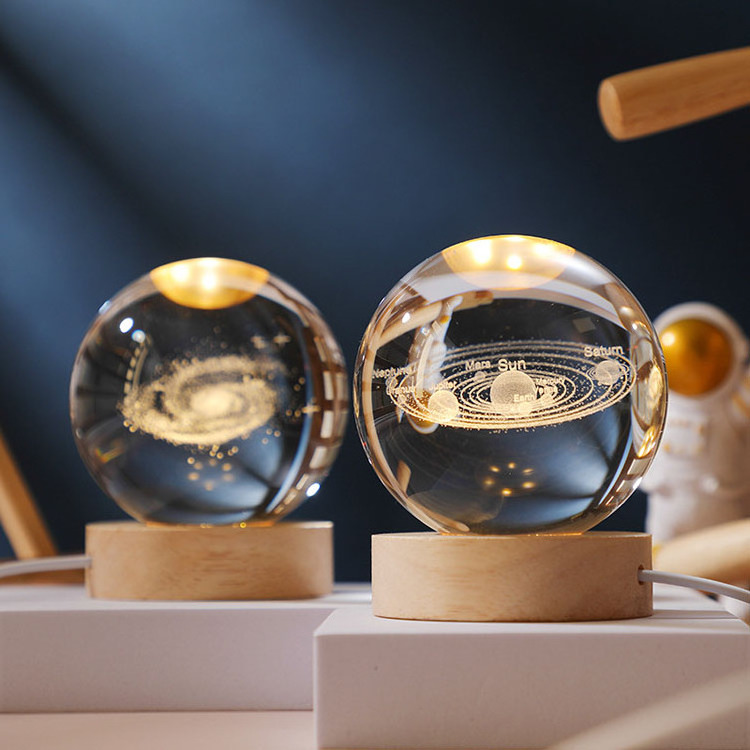 Wholesale Gifts Wooden Led Light Wooden Base Stand Galaxy 3d Solar System Custom Crystal Ball