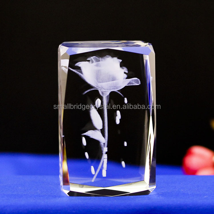 Glass Rose Laser Engraved 3d Cube Wholesale K9 Crystal Wedding Love Europe Folk Art Transparent Wedding Decoration & Gift Carved