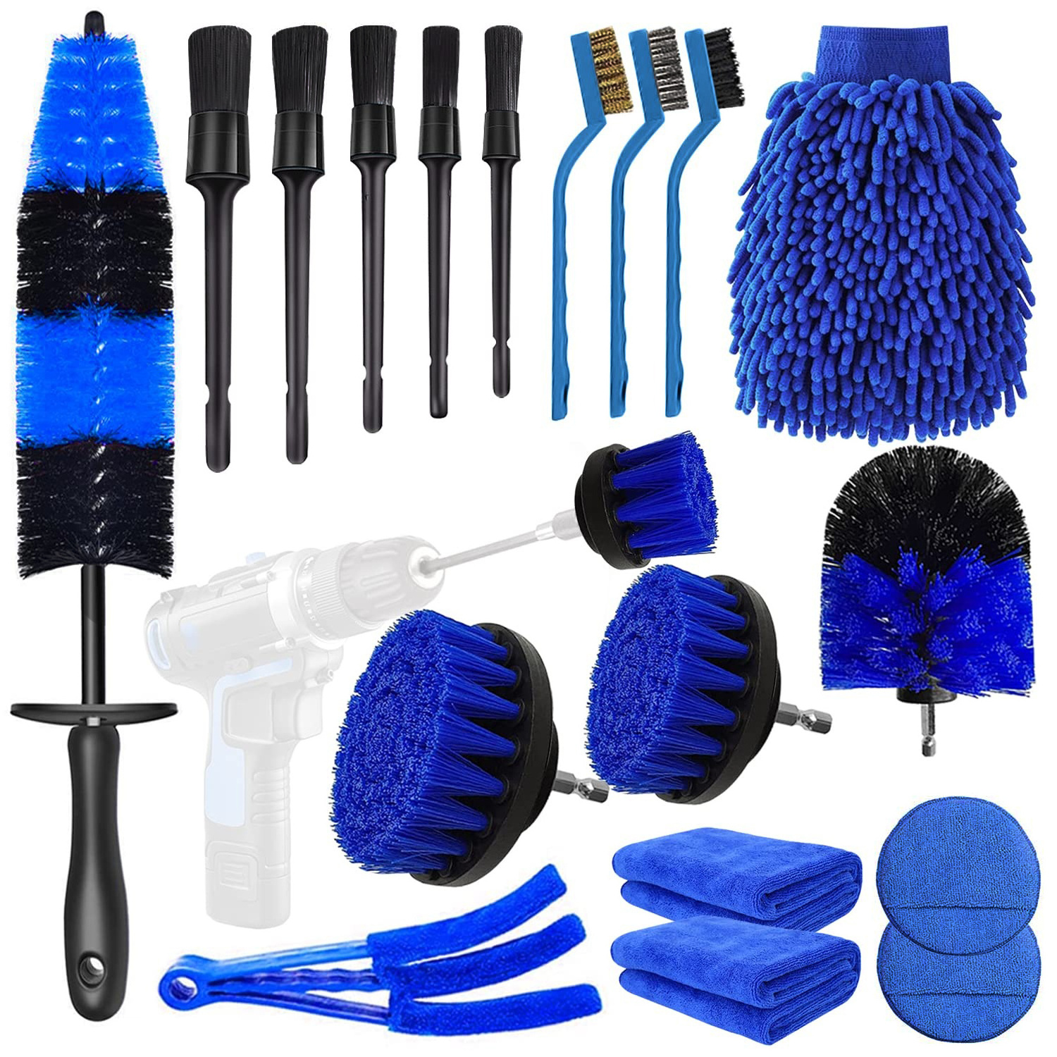 19 Pcs Car Detailing Kit Drill Soft Brush Set Auto Interior Exterior Cleaning For Washing Wheel Dashboard Leather Seats