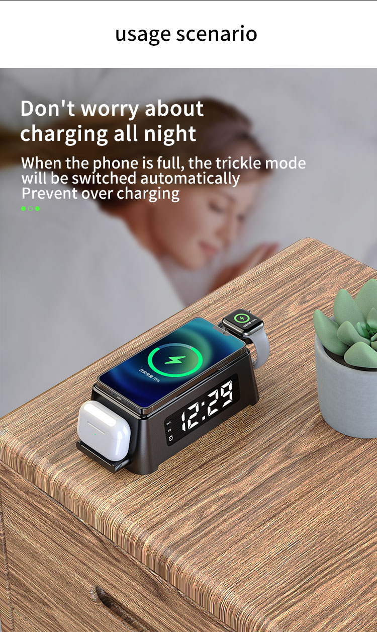 2023 Multi Function Smart Digital Alarm Clock Mobile Phone 4 in 1 Qi 15W Fast Charging Stand Station Wireless Charger For Table