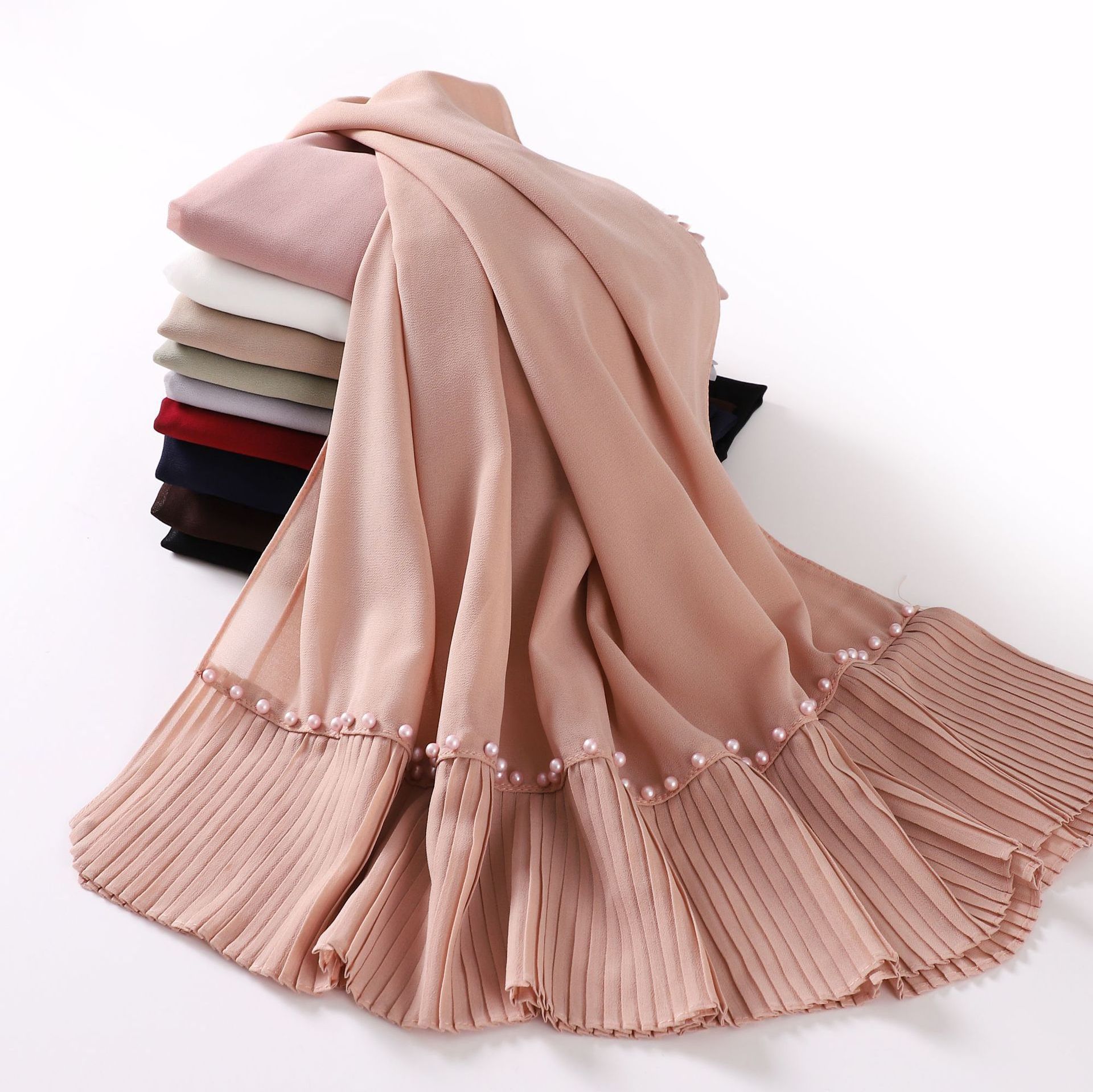 2023 Solid Turban Diamond Pearl Chiffon Scarf Premium Muslim Pearl Bubble Chiffon Hijab Scarfs