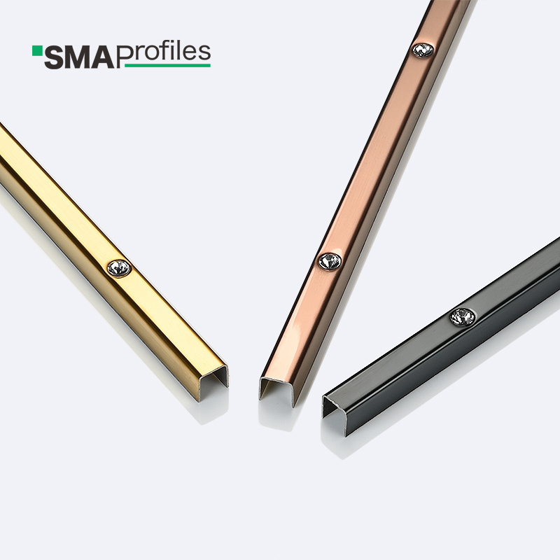 SMAProfiles bathroom tile trim metal u channel trim in stainless steel and acrylic diamond