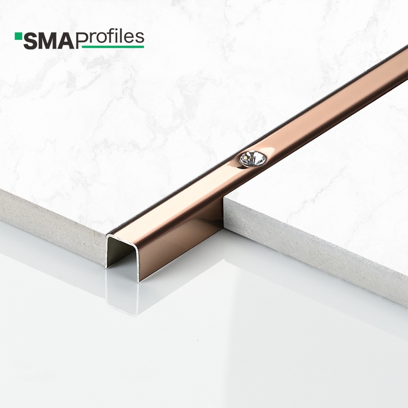 SMAProfiles bathroom tile trim metal u channel trim in stainless steel and acrylic diamond