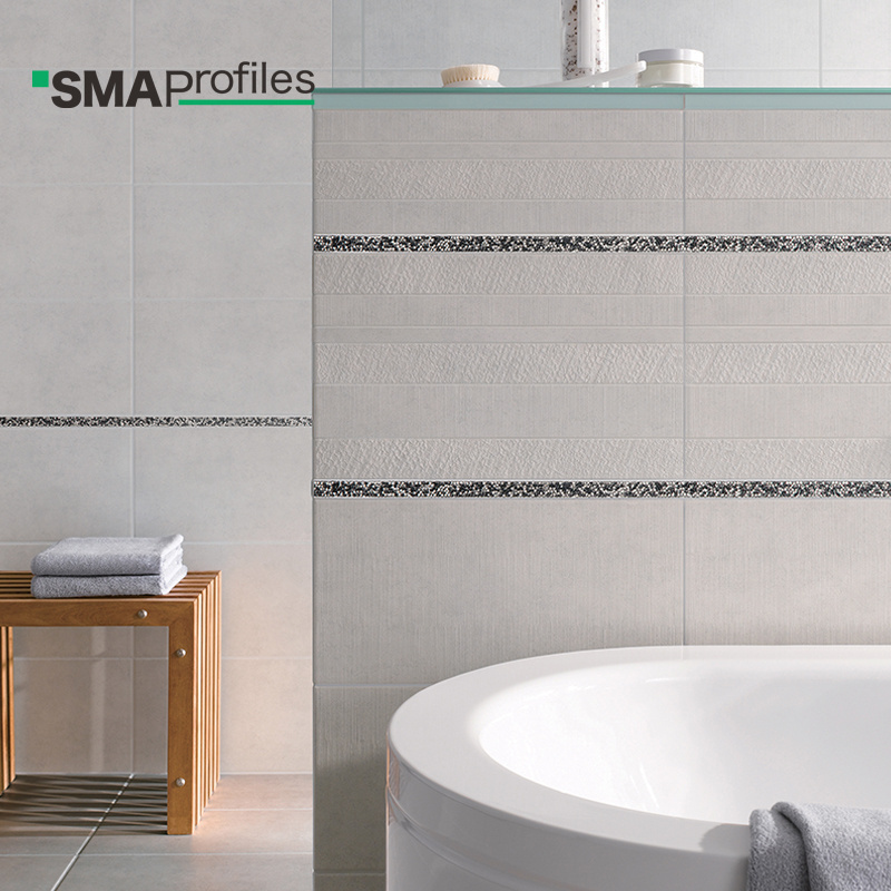 SMAProfiles bathroom tile trim metal u channel trim in stainless steel and acrylic diamond