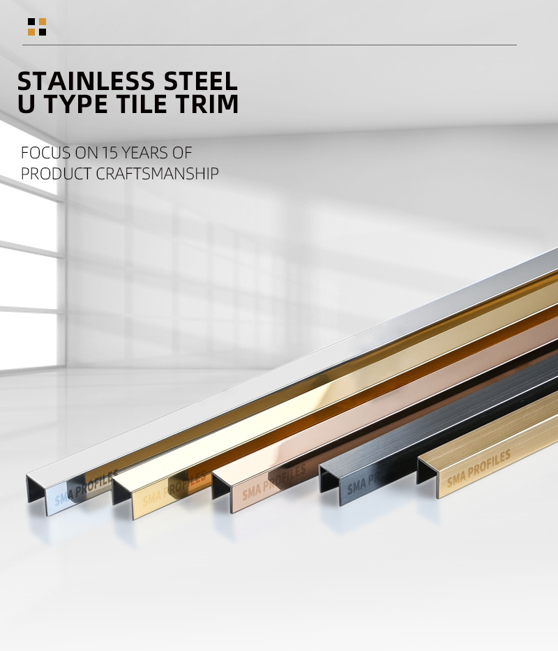 SMAProfiles Stainless Steel Metal Straight U Shaped Edge Tile Trim for door, cabinet, wall, ceiling decoration