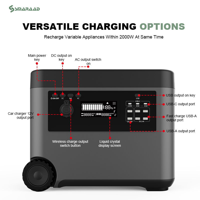 Smaraad Solar Generator Outdoor Portable Power Station 2000W AC/DC Outlets Backup LiFepo4 Battery Home Energy Storage Supply