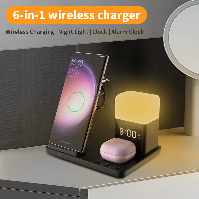 6 in 1 Magnetic Multifunctional Desktop Charging Station Desk LED Night Light Lamp Digital Time Clock Wireless Charger Light 15W