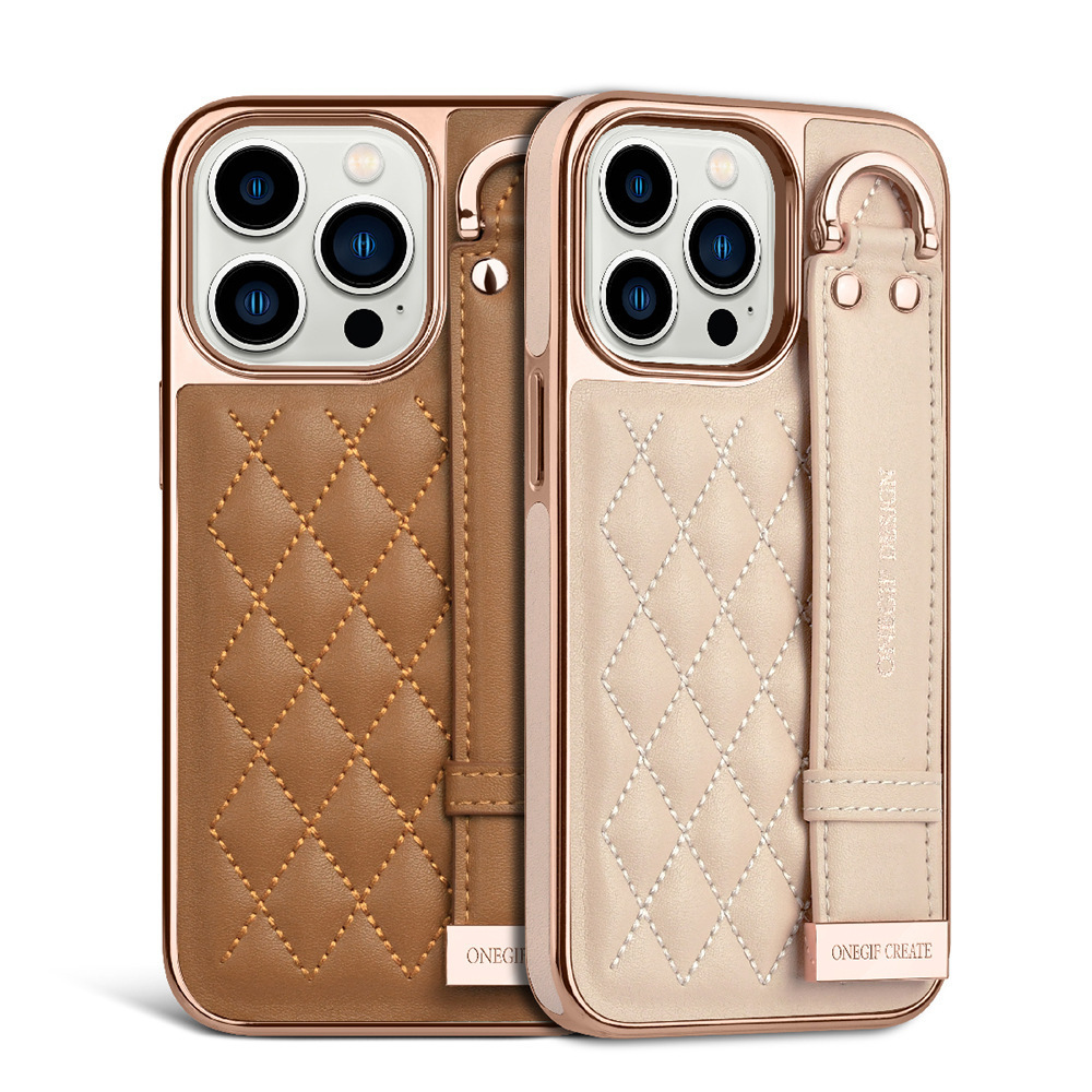 Luxury Leather Ladies Hand Strap Phone Case For Iphone 14 Pro Max High Quality Electroplated Frame Plaid Pattern Fashion Cover