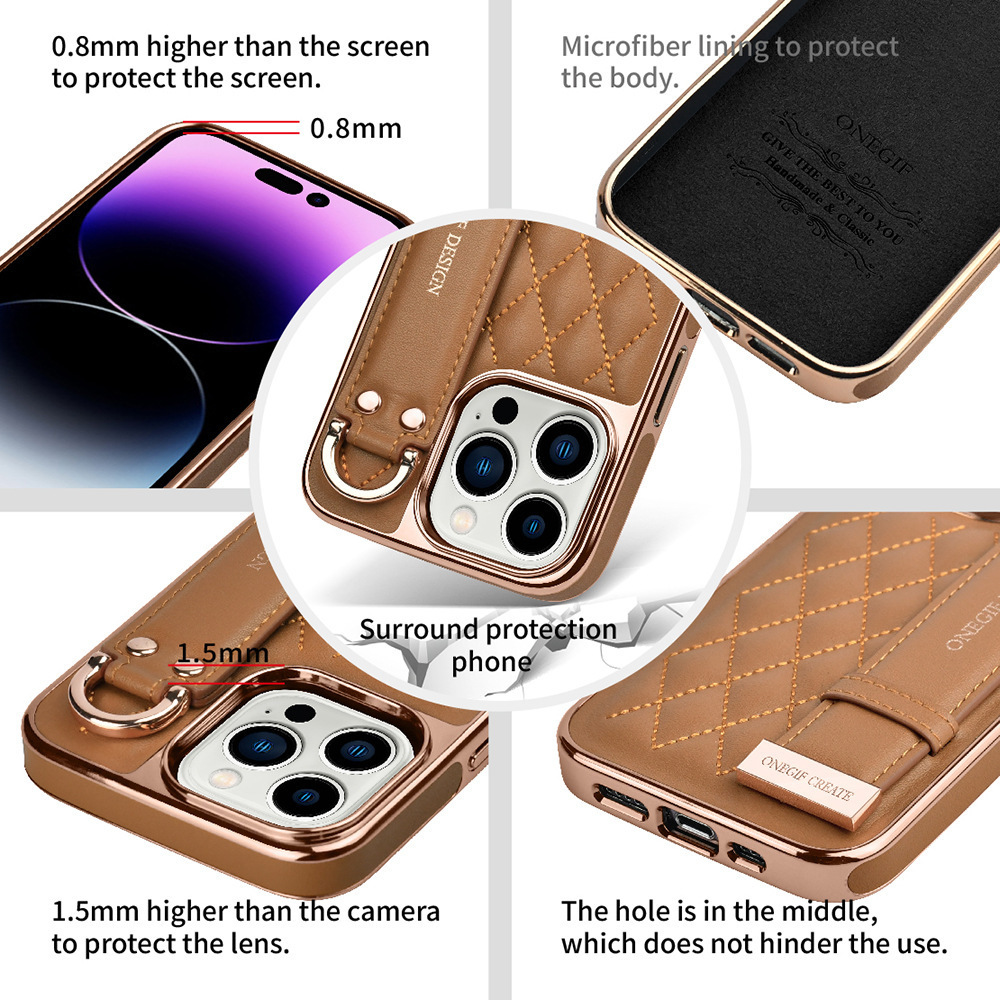 Luxury Leather Ladies Hand Strap Phone Case For Iphone 14 Pro Max High Quality Electroplated Frame Plaid Pattern Fashion Cover