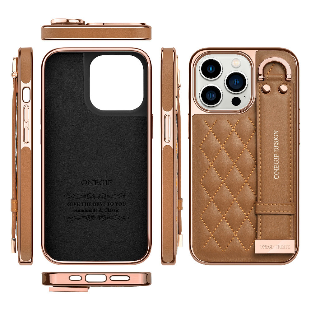 Luxury Leather Ladies Hand Strap Phone Case For Iphone 14 Pro Max High Quality Electroplated Frame Plaid Pattern Fashion Cover