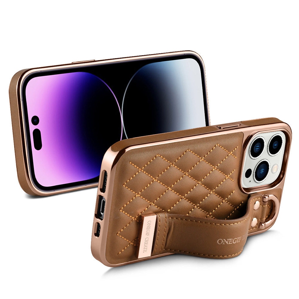 Luxury Leather Ladies Hand Strap Phone Case For Iphone 14 Pro Max High Quality Electroplated Frame Plaid Pattern Fashion Cover