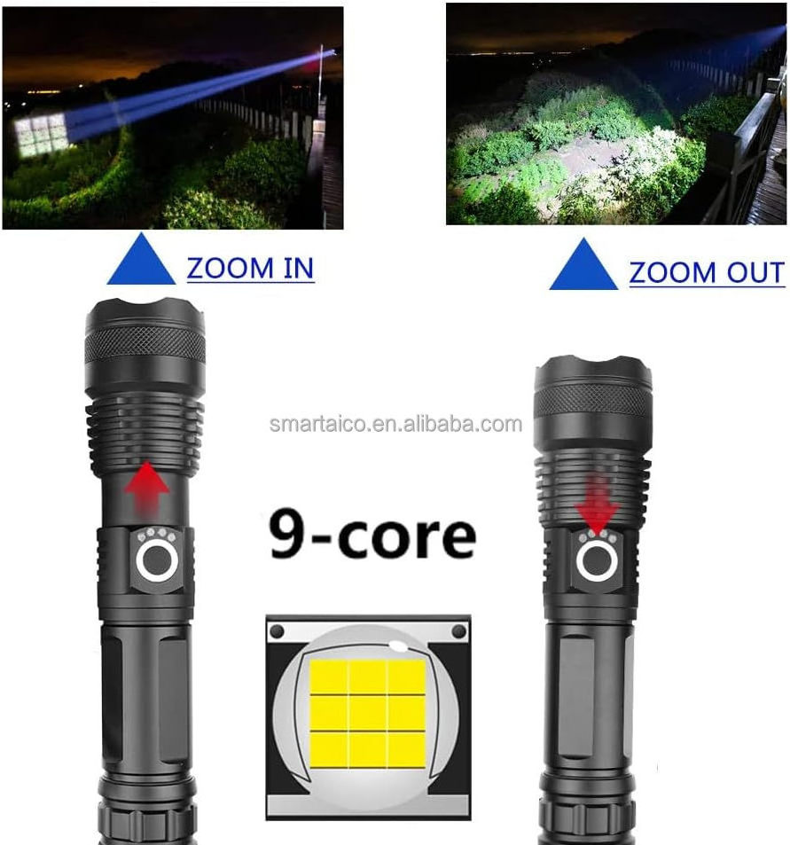 Zoomable Waterproof Flash Lights Super Bright Tactical Flashlight Rechargeable 5 Modes High Powered 1500 Lumens LED 10 90 XHP50