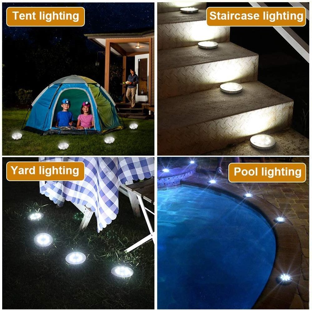 Waterproof Garden Landscape Lighting 8 LED solar stainless ground  disk light with monocrystalline silicon solar panel