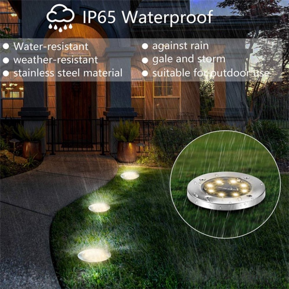 Waterproof Garden Landscape Lighting 8 LED solar stainless ground  disk light with monocrystalline silicon solar panel