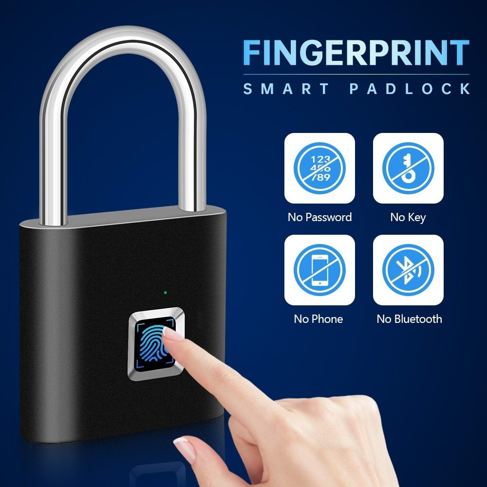 USB Charging Fingerprint Lock Smart Padlock Waterproof Door Lock 0.2S Unlock Portable Anti-theft Padlock Zinc