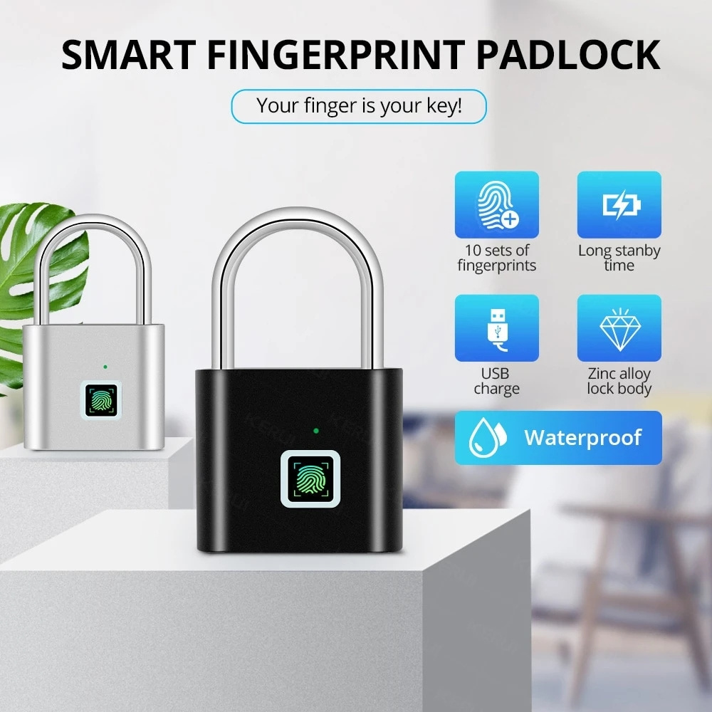 USB Charging Fingerprint Lock Smart Padlock Waterproof Door Lock 0.2S Unlock Portable Anti-theft Padlock Zinc