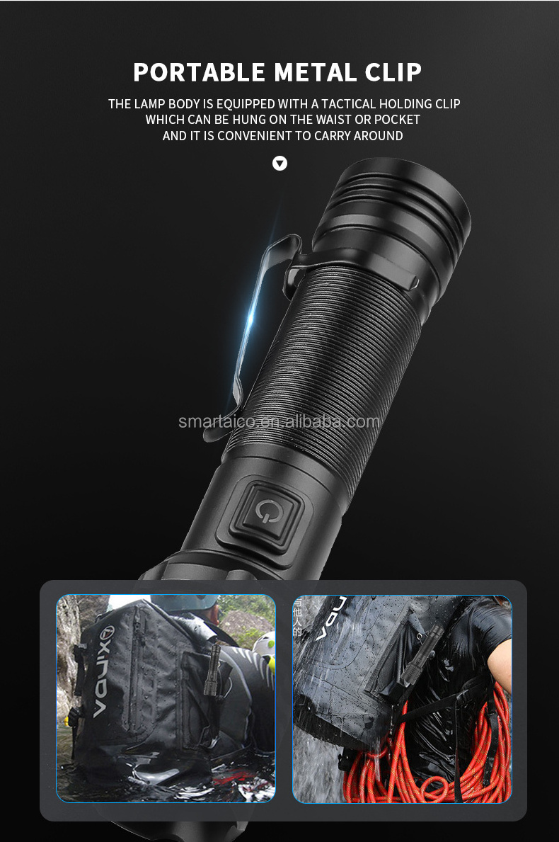 8000LM XHP50 LED Powerful Flashlight Type-C Rechargeable Zoomable Flash Light Power By Battery High Power Led Flashlight