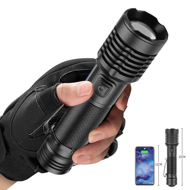 8000LM XHP50 LED Powerful Flashlight Type-C Rechargeable Zoomable Flash Light Power By Battery High Power Led Flashlight