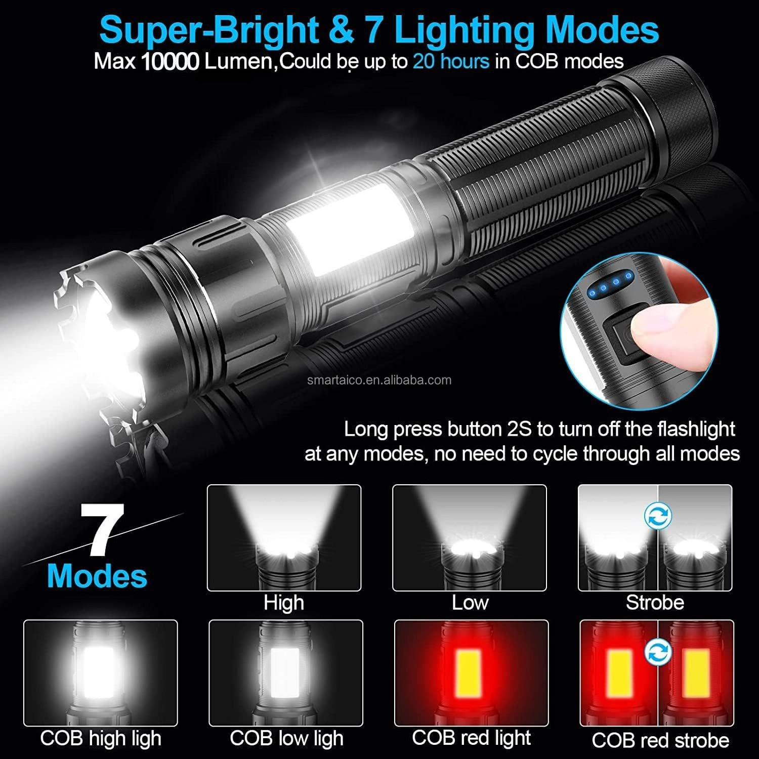 Adjustable Focus IP67 Waterproof Powerful Long Lasting Handheld Flashlight 2000 Lumens Super Bright Torches Led