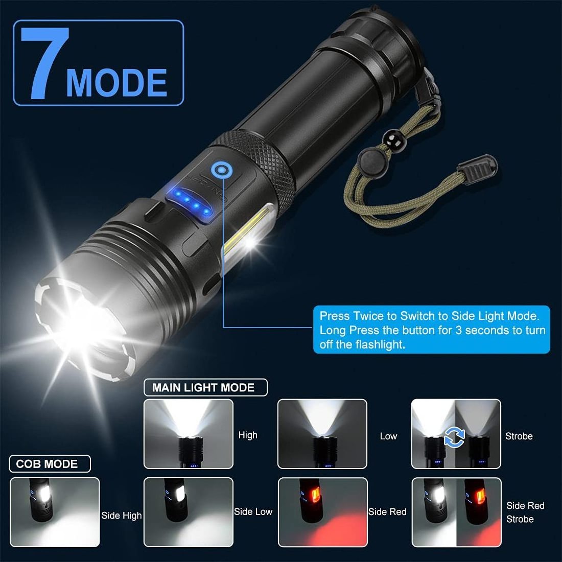 XHP70 USB Rechargeable LED Flashlight Zoomable Power Bank Red SOS Floodlight Outdoor Sport Light