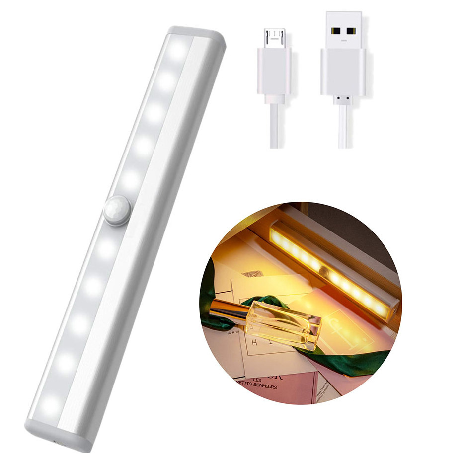 10 LED wireless motion sensor night light USB recharging Magnetic Strip under Cabinet light