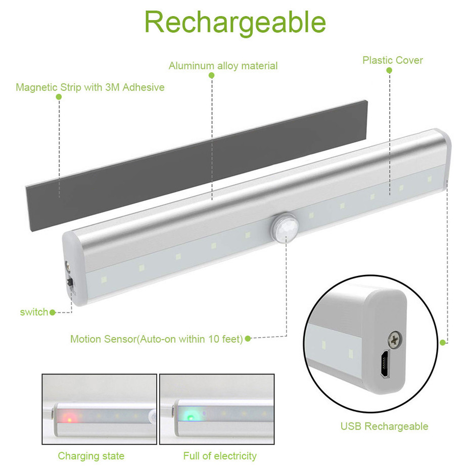 10 LED wireless motion sensor night light USB recharging Magnetic Strip under Cabinet light