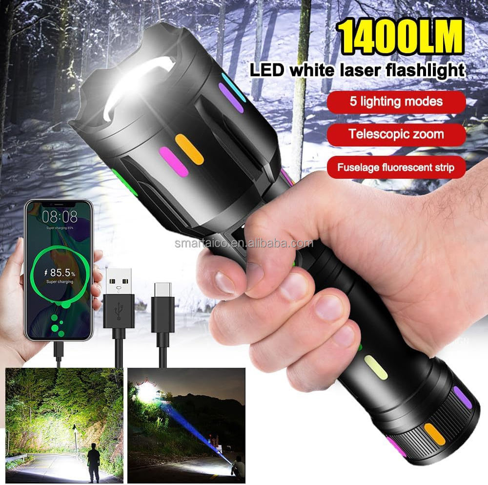 Hunting Fluorescent Torch Light Zoom Power Display USB Charging White Laser LED Flashlight