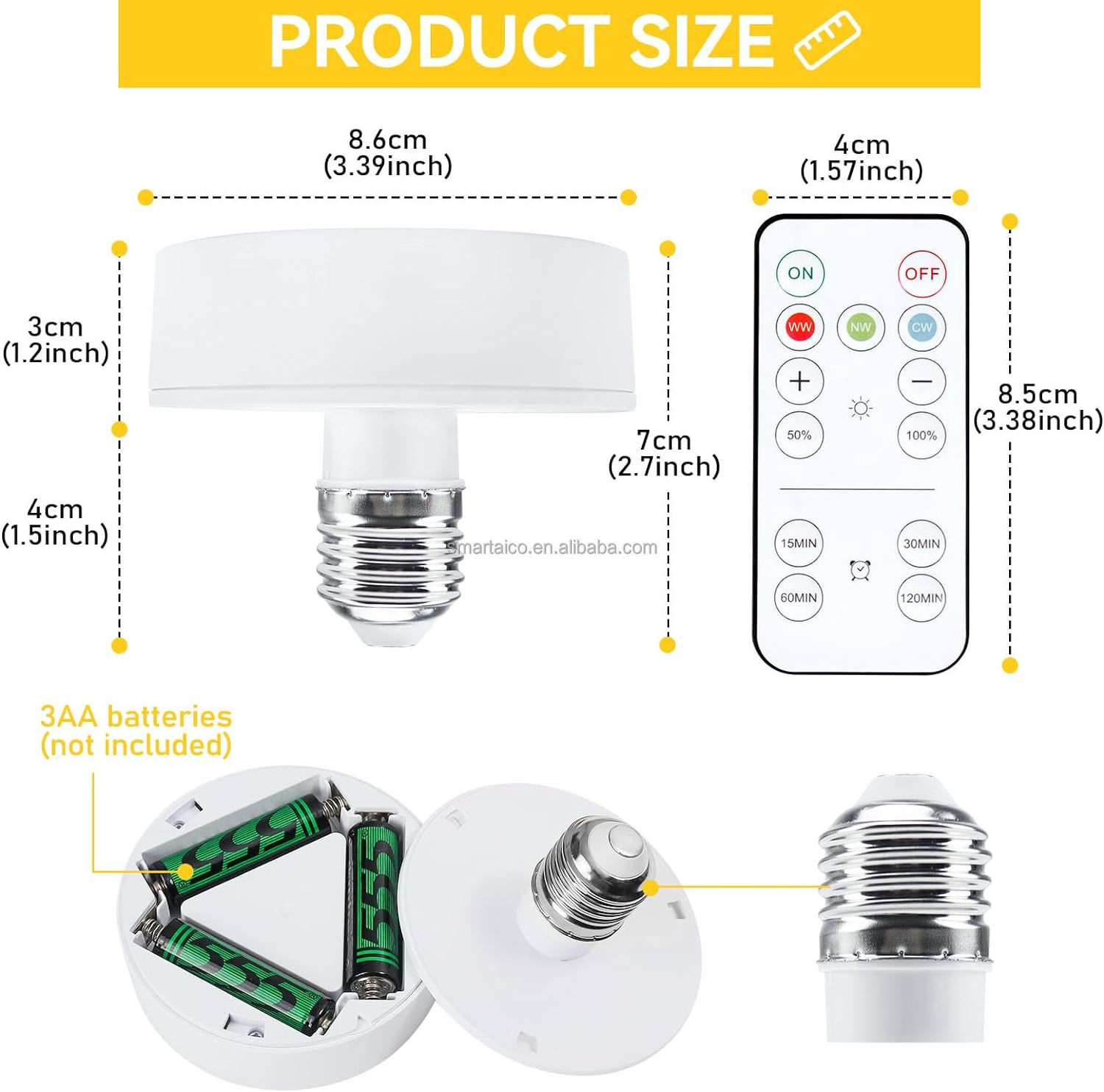 WW NW CW  Dimmable Led Puck Light 86MM E27 Base Wireless Battery Powered Light Bulb for Wall Sconces Pendant Lamp