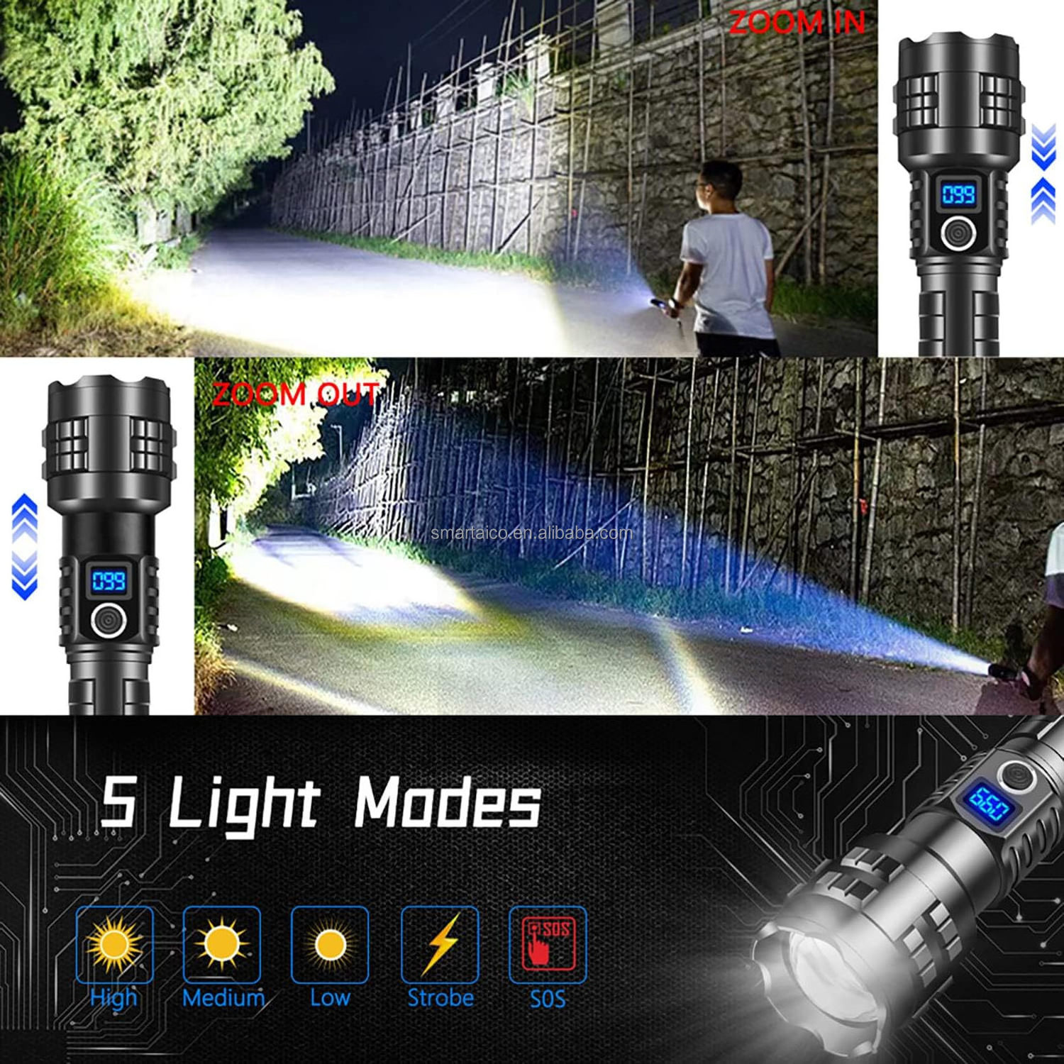 High Power 2000LM Spotlight LED Flashlight With Luminous Tail Glass Breaker Zoom Torch For Outdoor Camping Emergency