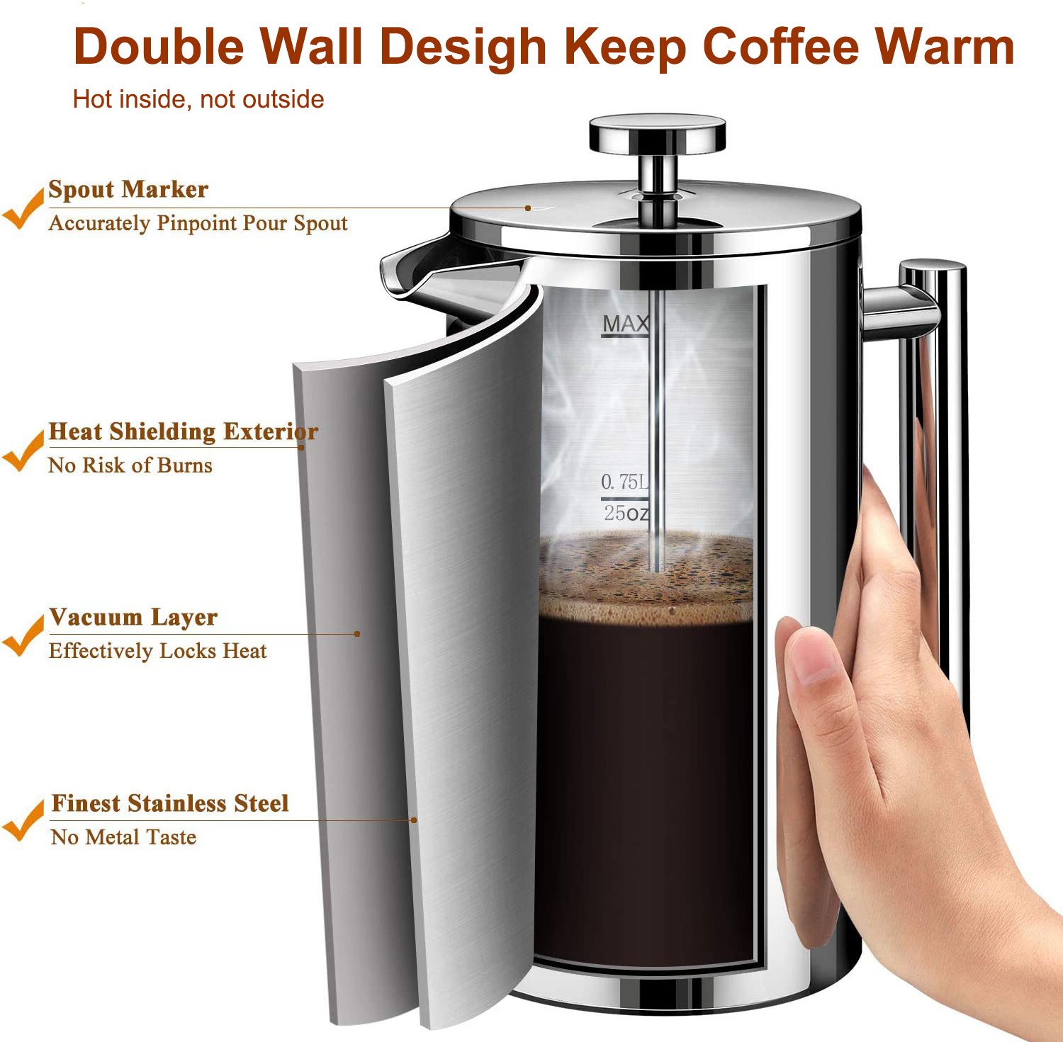 Hot Sale French Press Coffee Maker 304 Grade Stainless Steel with 4-Level Filtration Systems, 1L Coffee Press for Home Office