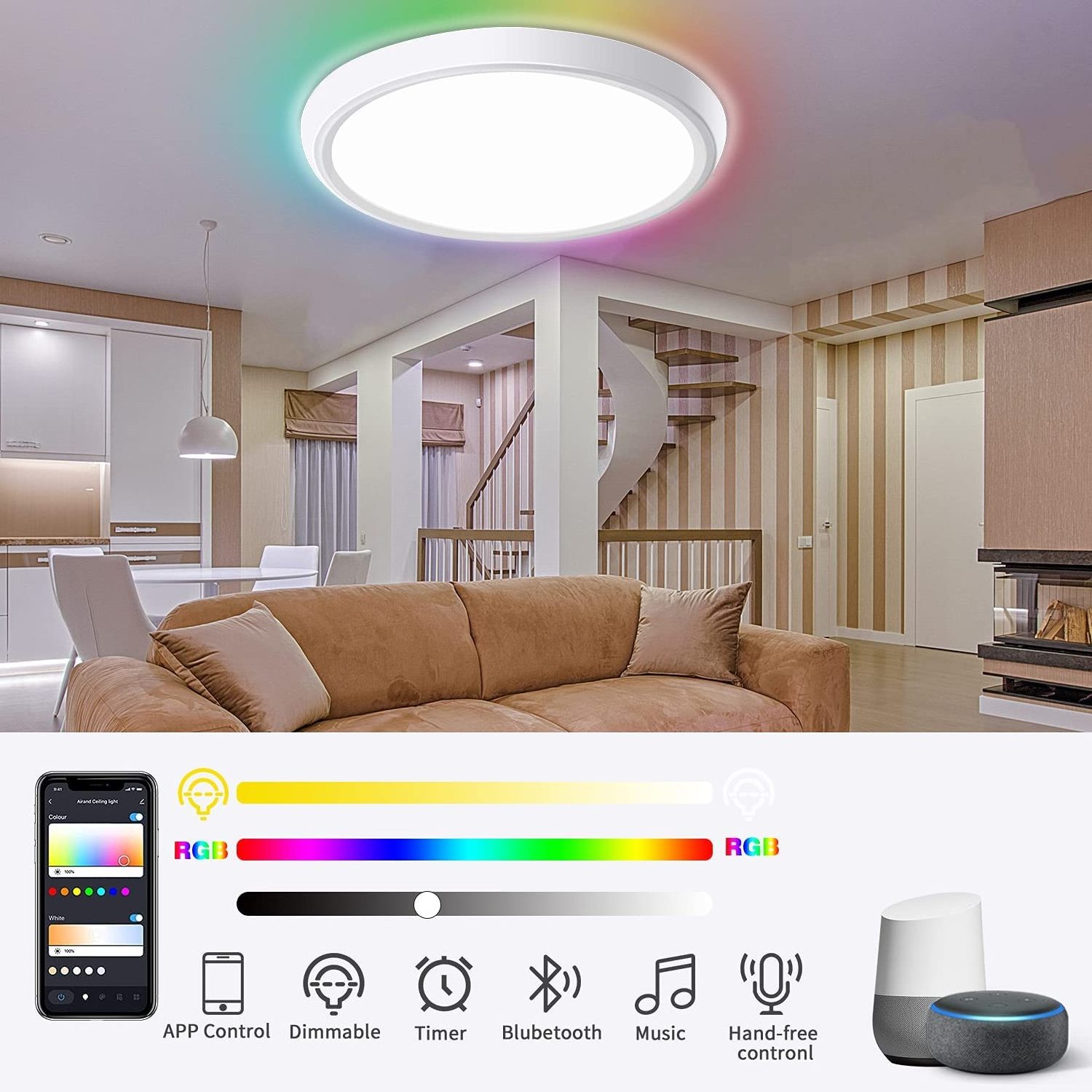 35W 12 Inch Smart WIFI Flush Mount LED Ceiling Lamp Tuya APP Voice Control Round RGBCW Led Ceiling Light Lamp