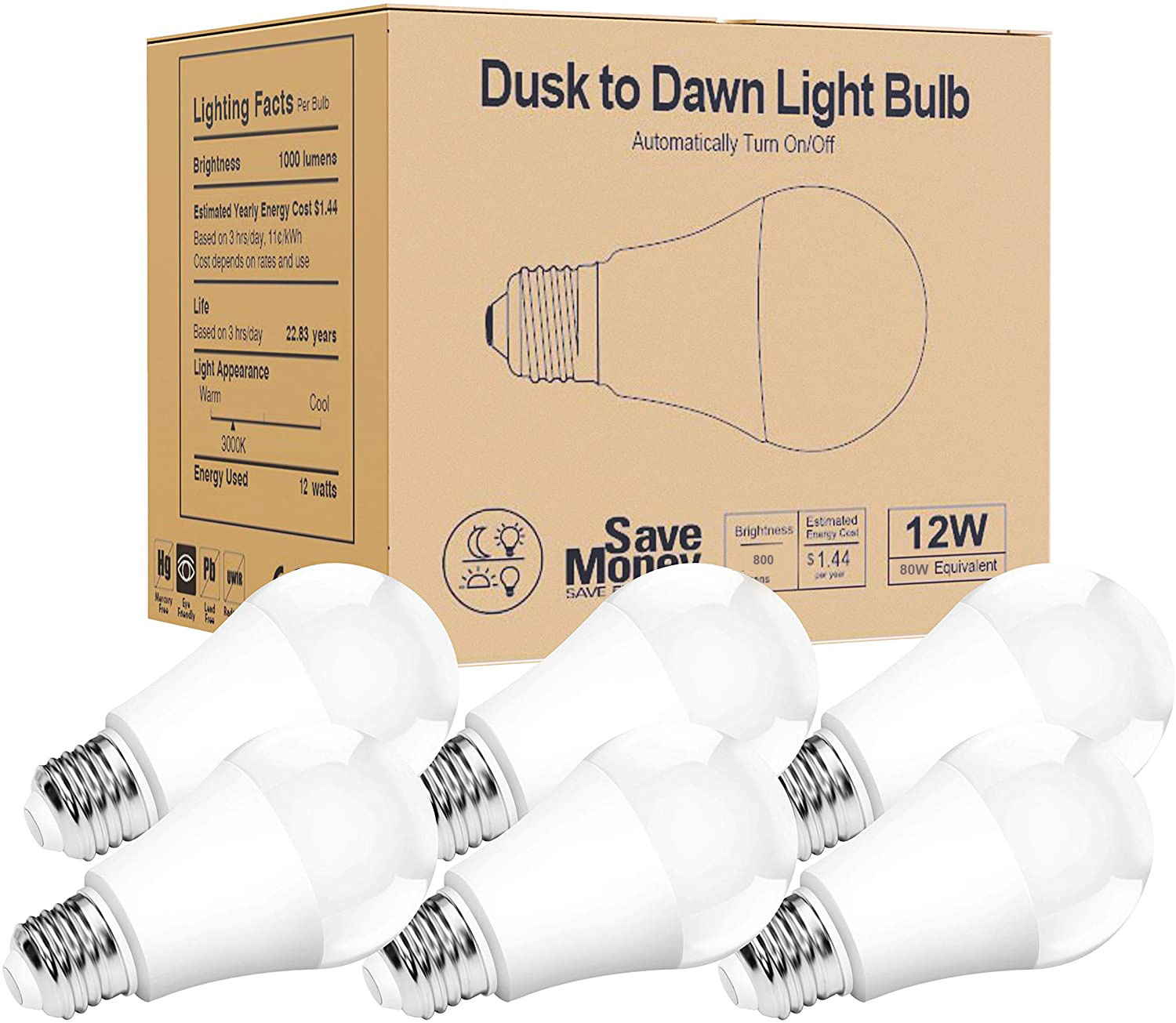 A19 Auto Turn On Turn Off 12W Smart Bulb Dusk To Dawn Light Sensor LED Bulb