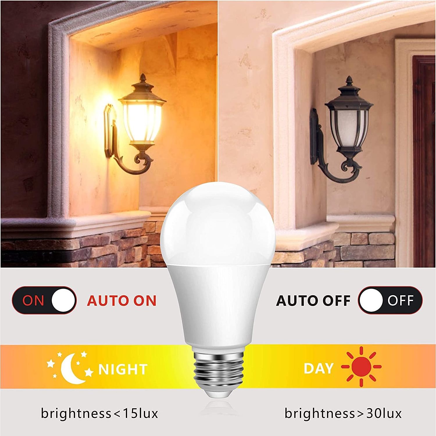 A19 Auto Turn On Turn Off 12W Smart Bulb Dusk To Dawn Light Sensor LED Bulb