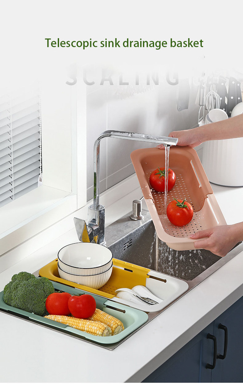 Kitchen Fruit Vegetable Storage Container Adjustable Plastic Strainer Retractable Creative Over The Sink Drain Basket