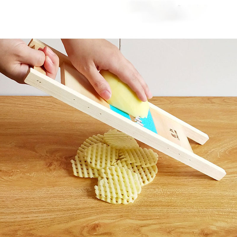 Manual French Fry Cutter Kitchen Stainless Steel Grid Potato Cutter Simple Pine Wood Potato Chips Slicer