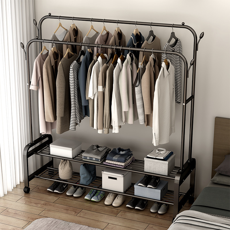 Household Clothes Stands Shoe Racks Balcony Cloth Drying Rack Bedroom Simple Carbon Steel Coat Racks With Wheel