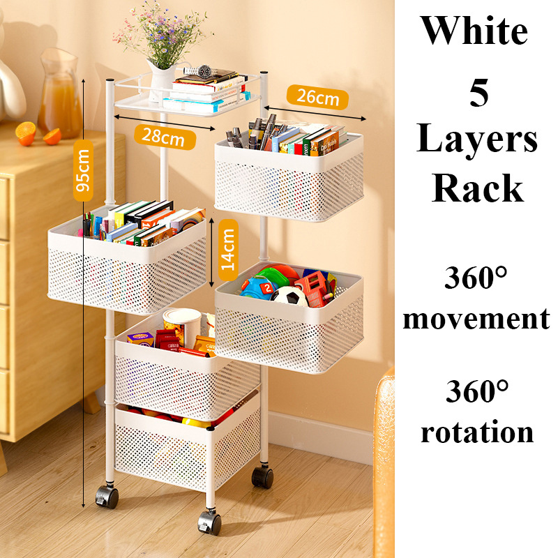 3 Layers 360 Degree Rotating Carbon Steel Shelf Kitchen Square Rotating Fruit Vegetable Basket Movable Storage with Wheels Rack