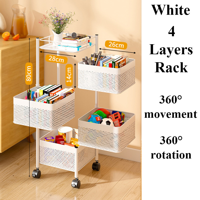 3 Layers 360 Degree Rotating Carbon Steel Shelf Kitchen Square Rotating Fruit Vegetable Basket Movable Storage with Wheels Rack