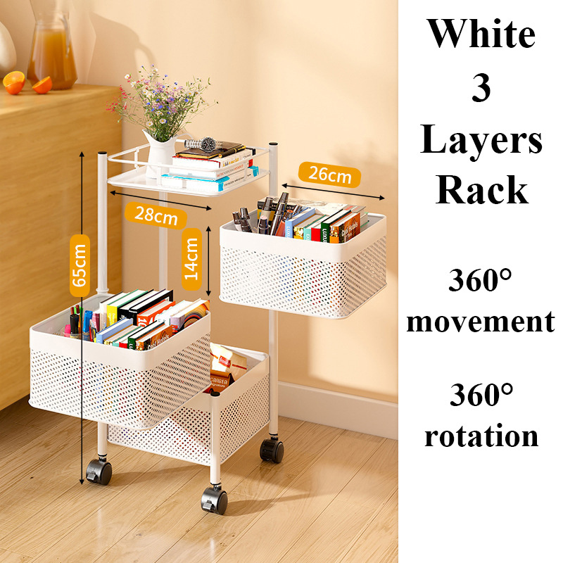 3 Layers 360 Degree Rotating Carbon Steel Shelf Kitchen Square Rotating Fruit Vegetable Basket Movable Storage with Wheels Rack